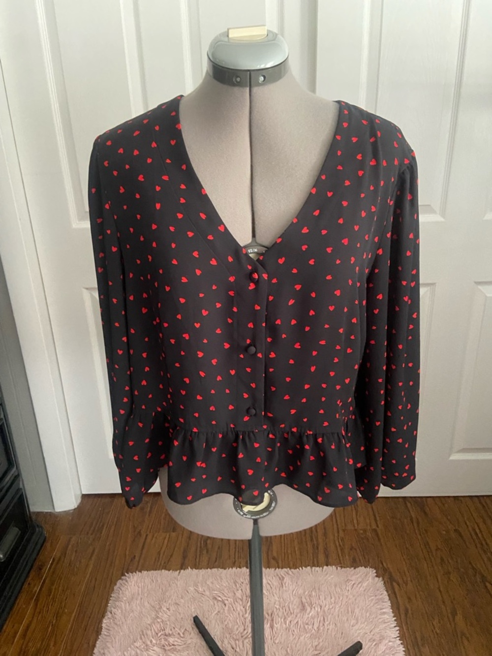 Candie's Black Peplum Blouse with Red Heart Print